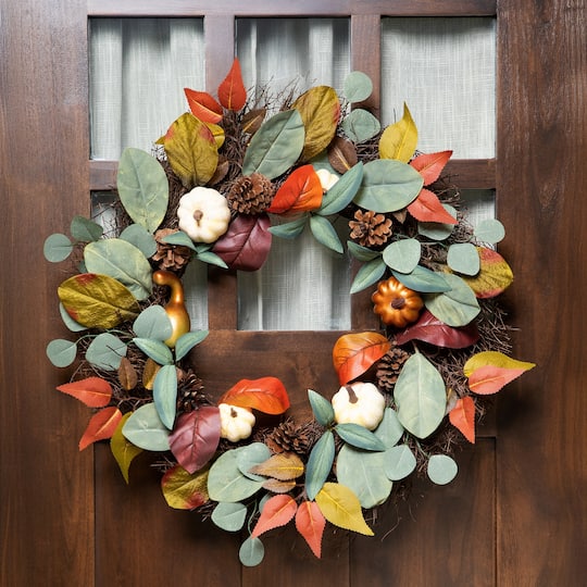 24" Pumpkin, Pinecone & Gourd Grapevine Thanksgiving Wreath